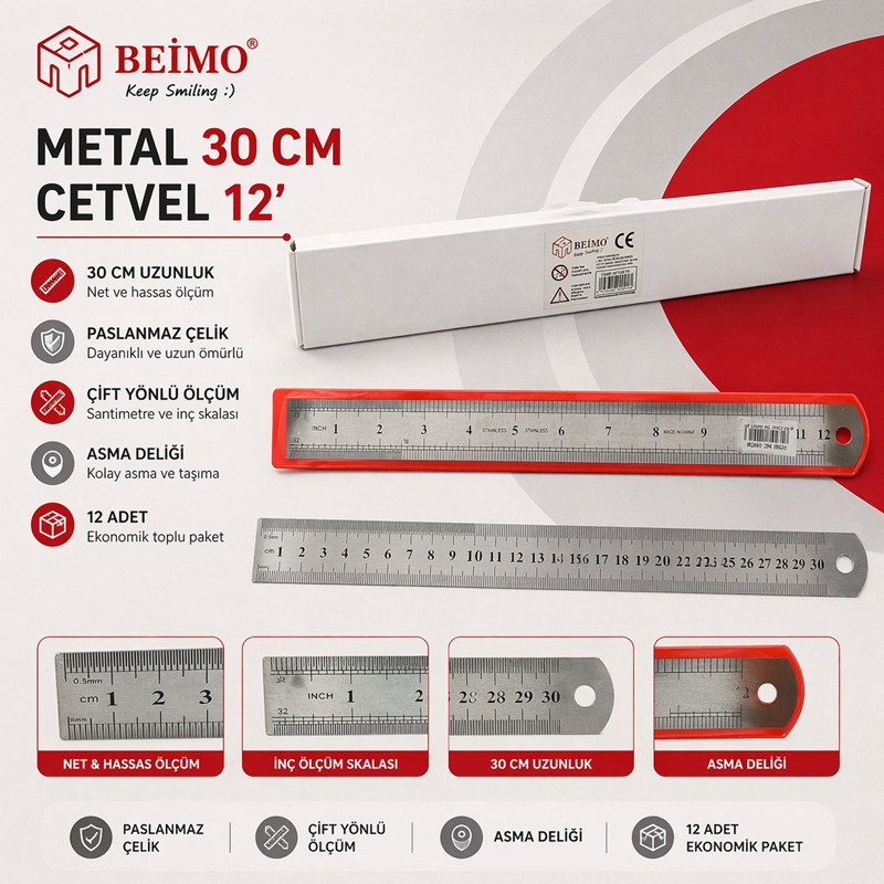 Metal Çelik Cetvel 30 Cm 12'Li Metal Çelik Cetvel 30 Cm 12'Li