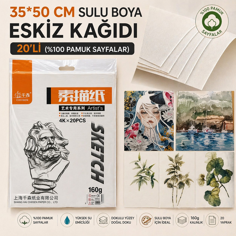 Sulu Boya Eskiz Kağıdı 35*50 Cm 160 Gr %100 Pamuk Sayfa 20'Li Paket Sulu Boya Eskiz Kağıdı 35*50 Cm 160 Gr %100 Pamuk Sayfa 20'Li Paket