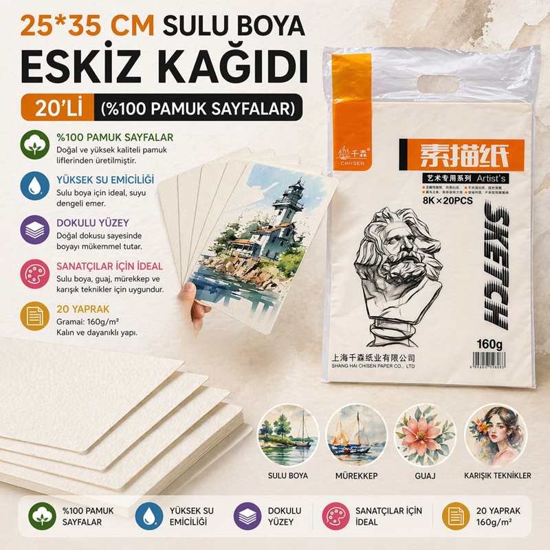 Sulu Boya Eskiz Kağıdı 25*35 Cm 160 Gr %100 Pamuk Sayfa 20'Li Paket Sulu Boya Eskiz Kağıdı 25*35 Cm 160 Gr %100 Pamuk Sayfa 20'Li Paket