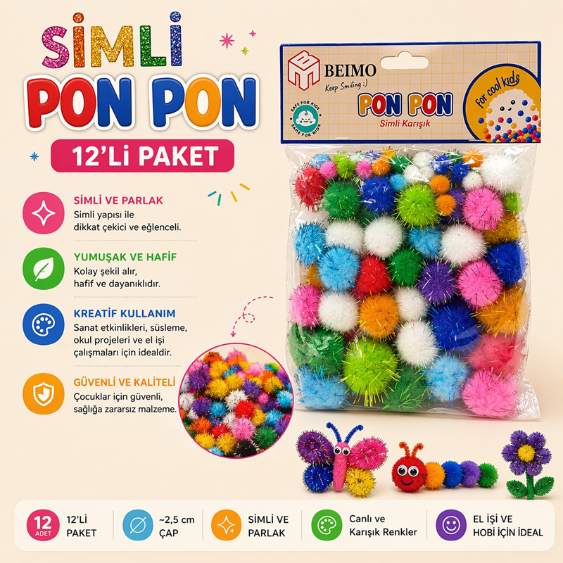 Simli Pon Pon Karışık 3 Boy Karışık Renkler 90'Lı Poşet 12'Li Paket Simli Pon Pon Karışık 3 Boy Karışık Renkler 90'Lı Poşet 12'Li Paket