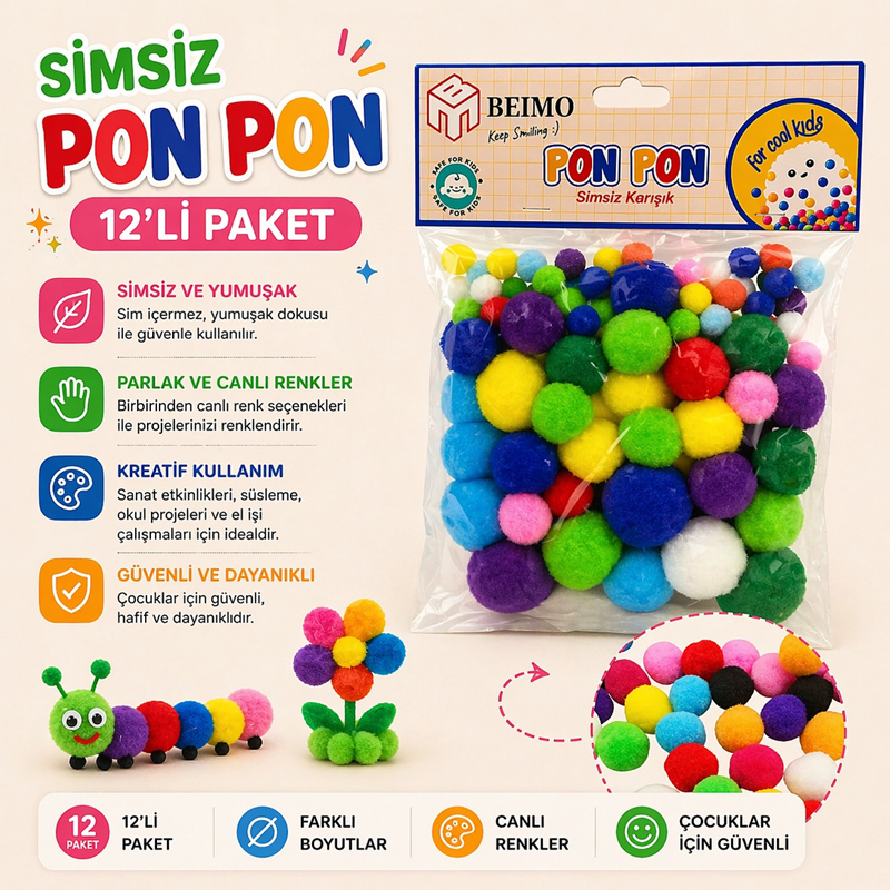 Simsiz Pon Pon Karışık 3 Boy Karışık Renkler 90'Lı Poşet 12'Li Paket Simsiz Pon Pon Karışık 3 Boy Karışık Renkler 90'Lı Poşet 12'Li Paket