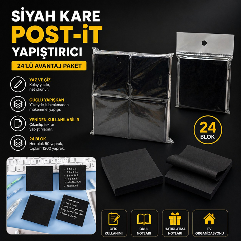Siyah Kare Modeli Yapışkanlı Post-it 24'Lü Paket Siyah Kare Modeli Yapışkanlı Post-it 24'Lü Paket