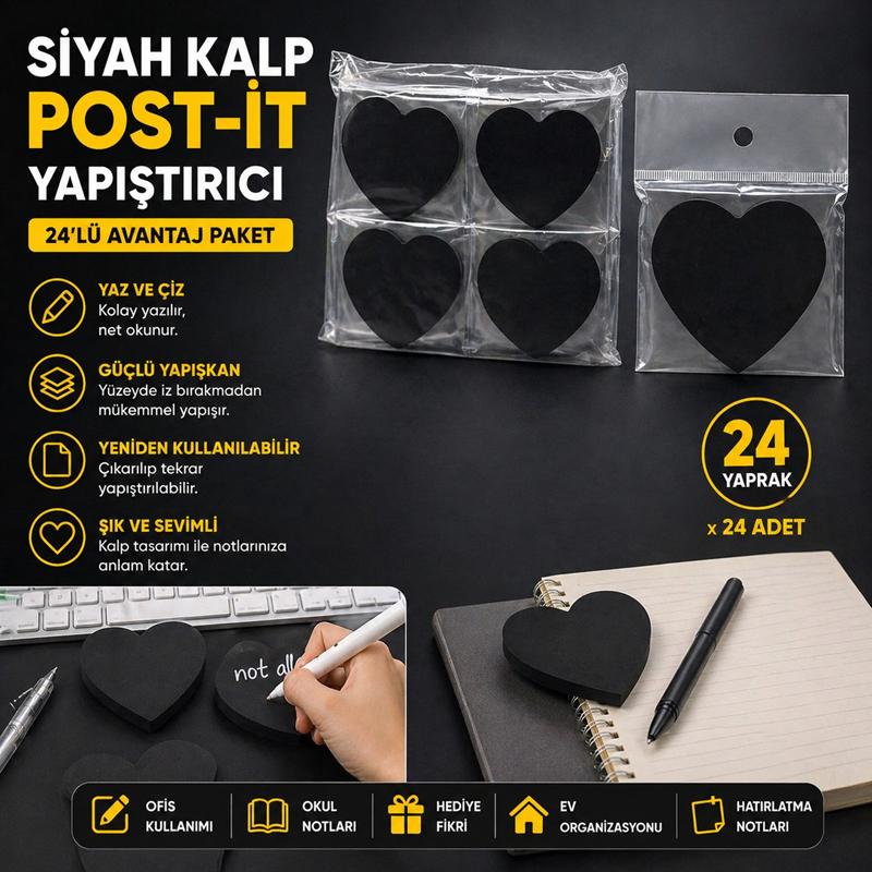 Siyah Kalp Modeli Yapışkanlı Post-it 24'Lü Paket Siyah Kalp Modeli Yapışkanlı Post-it 24'Lü Paket