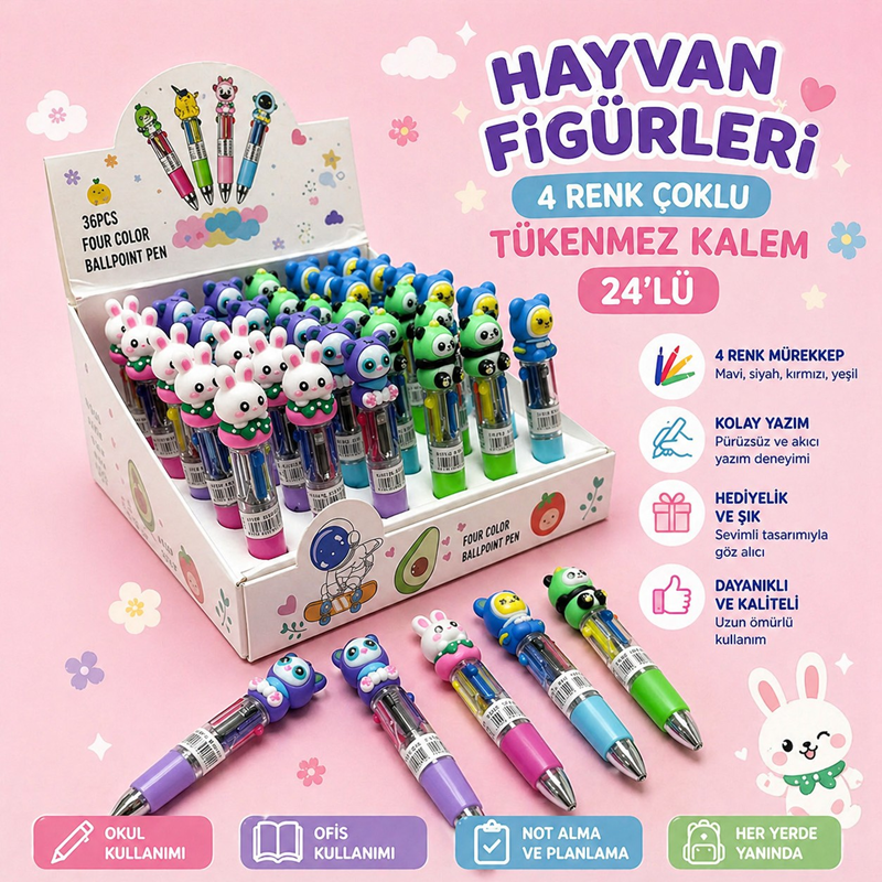 No.415 Karışık Hayvan Figürleri 4 Renk Çoklu Tükenmez Kalem 36'Lı Paket
