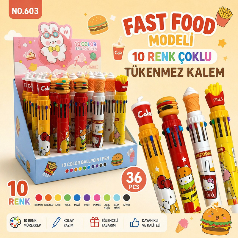 No.603 Fast Food Modeli 10 Renk Çoklu Tükenmez Kalem 36'Lı Paket