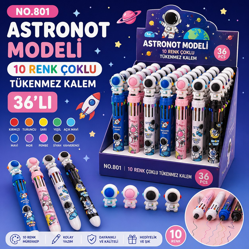 No.801 Astronot Modeli 10 Renk Çoklu Tükenmez Kalem 36'Lı No.801 Astronot Modeli 10 Renk Çoklu Tükenmez Kalem 36'Lı
