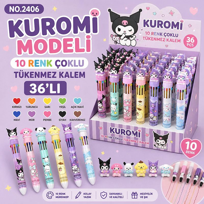 No.2406 Kuromi Modeli 10 Renk Çoklu Tükenmez Kalem 36'Lı
