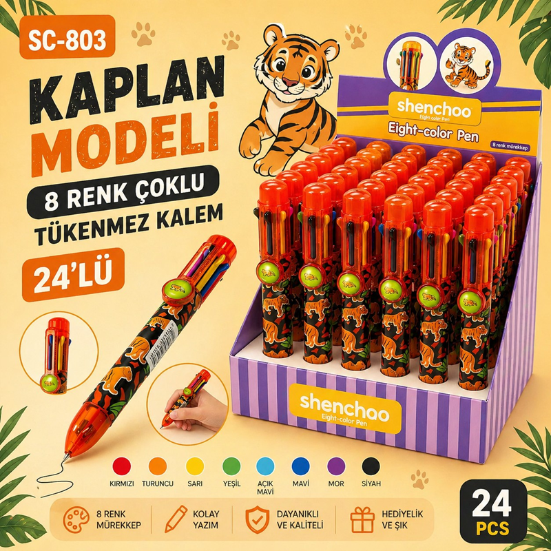 Sc-803 Kaplan Modeli 8 Renk Çoklu Tükenmez Kalem 24'Lü Paket Sc-803 Kaplan Modeli 8 Renk Çoklu Tükenmez Kalem 24'Lü Paket