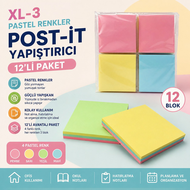 Xl-3 Pastel Renkler Yapışkanlı Kare Post-it 12'Li Paket Xl-3 Pastel Renkler Yapışkanlı Kare Post-it 12'Li Paket