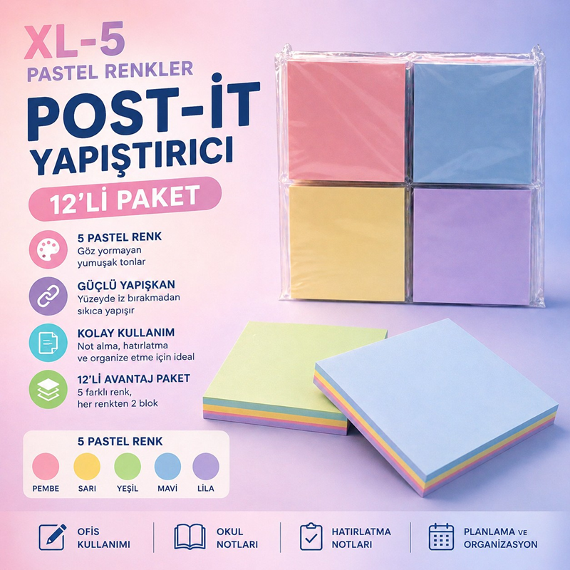 Xl-5 Pastel Renkler Yapışkanlı Kare Post-it 12'Li Paket Xl-5 Pastel Renkler Yapışkanlı Kare Post-it 12'Li Paket
