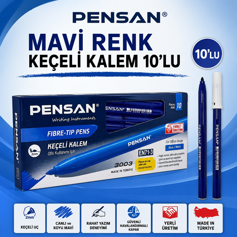 Pensan Mavi Renk Keçeli Kalem 10'Lu Pensan Mavi Renk Keçeli Kalem 10'Lu
