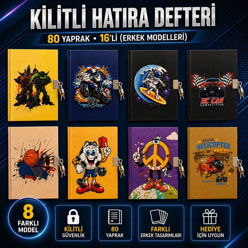 14*20 Cm Erkek Modelleri Kilitli Hatıra Defteri 80 Yaprak 16'Lı Paket