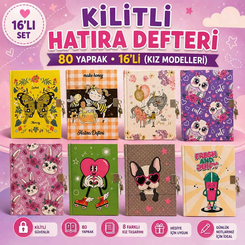 14*20 Cm Kız Modelleri Kilitli Hatıra Defteri 80 Yaprak 16'Lı Paket