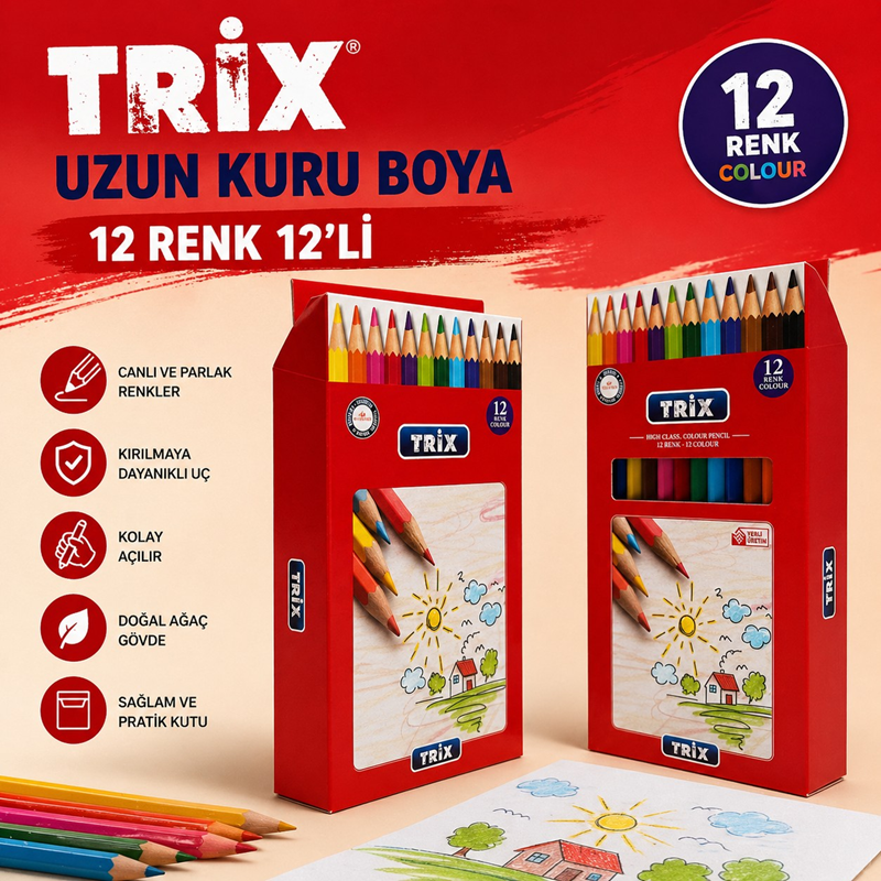 Trix Uzun Kuru Boya 12 Renk 12'Li Trix Uzun Kuru Boya 12 Renk 12'Li