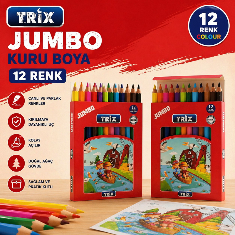 Trix Jumbo Kuru Boya 12 Renk 12'Li Trix Jumbo Kuru Boya 12 Renk 12'Li
