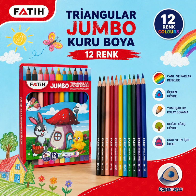Fatih Triangular Üçgen Jumbo Kuru Boya 12 Renk 6'Lı Fatih Triangular Üçgen Jumbo Kuru Boya 12 Renk 6'Lı