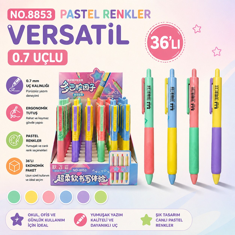 8853 Pastel Renkler Versatil Uçlu Kalem 0.7 Uç 36'Lı Paket