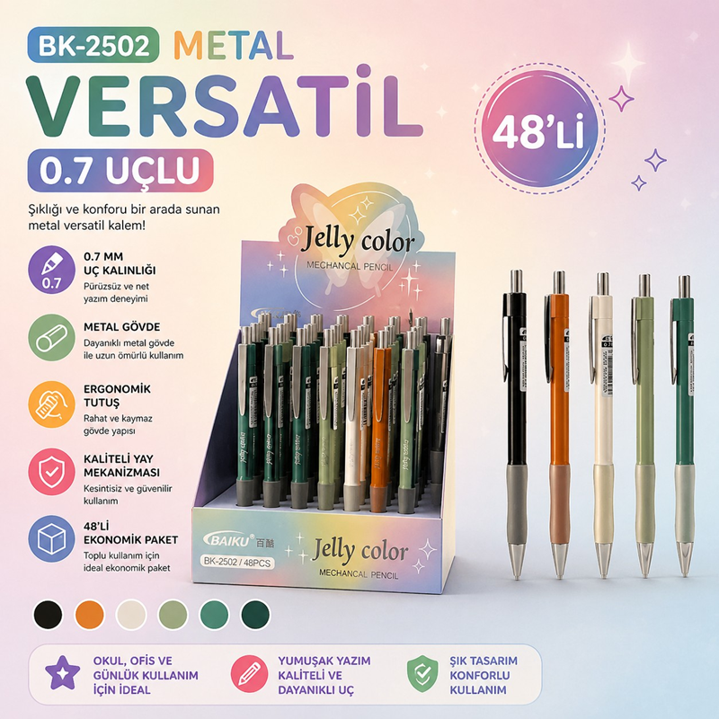 Bk-2502 Metal Renkli Versatil Uçlu Kalem 0.7 Uç 48'Li Paket Bk-2502 Metal Renkli Versatil Uçlu Kalem 0.7 Uç 48'Li Paket