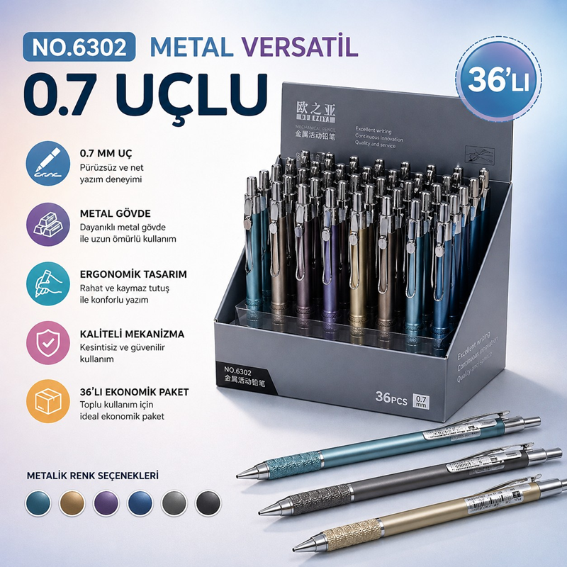 6302 Metal Versatil Uçlu Kalem 0.7 Uç 36'Lı Paket