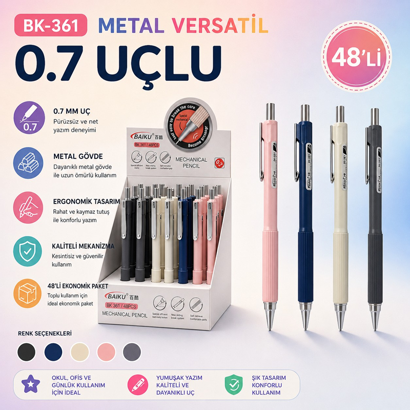 Bk-361 Metal Renkli Versatil Uçlu Kalem 0.7 Uç 48'Li Paket Bk-361 Metal Renkli Versatil Uçlu Kalem 0.7 Uç 48'Li Paket