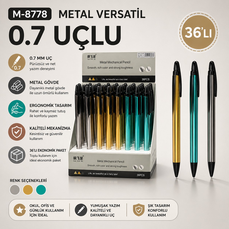 M8778 Metal Versatil Uçlu Kalem 0.7 Uç 36'Lı Paket M8778 Metal Versatil Uçlu Kalem 0.7 Uç 36'Lı Paket