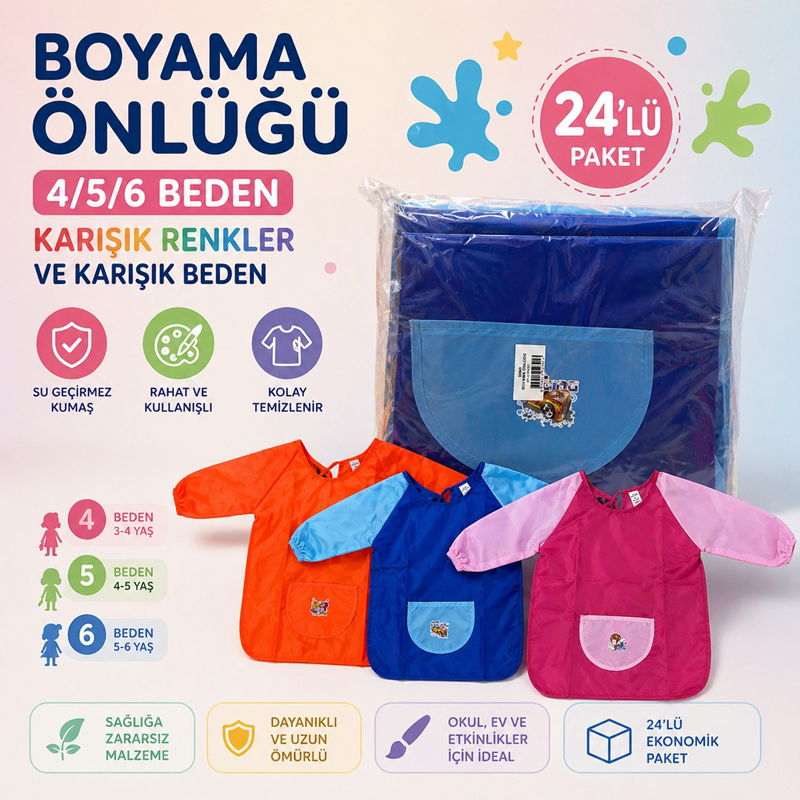 Boyama Önlüğü 4/5/6 Beden Karışık Renkler Ve Karışık Bedenler 24'Lü Paket Boyama Önlüğü 4/5/6 Beden Karışık Renkler Ve Karışık Bedenler 24'Lü Paket