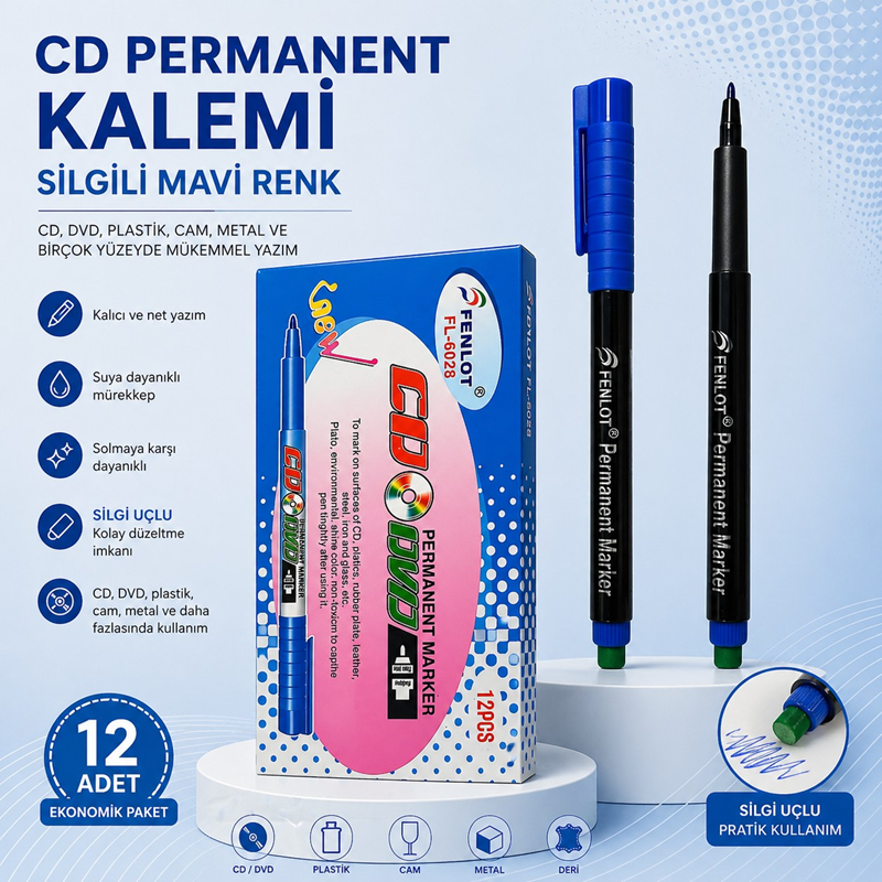Cd Kalemi Silgili Mavi Renk 12'Li (M Uç) Cd Kalemi Silgili Mavi Renk 12'Li (M Uç)