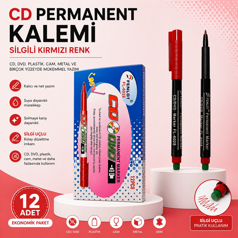 Cd Kalemi Silgili Kırmızı Renk 12'Li (M Uç) Cd Kalemi Silgili Kırmızı Renk 12'Li (M Uç)