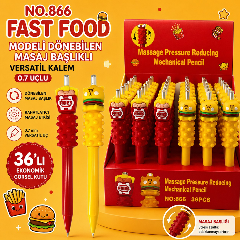 No.866 Fast Food Modeli Gövdesi Masaj Yapan Versatil 0.7 Uçlu 36'Lı Paket No.866 Fast Food Modeli Gövdesi Masaj Yapan Versatil 0.7 Uçlu 36'Lı Paket