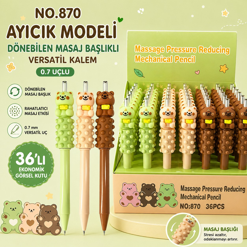 No.870 Sevimli Ayıcık Modeli Gövdesi Masaj Yapan Versatil 0.7 Uçlu 36'Lı Paket No.870 Sevimli Ayıcık Modeli Gövdesi Masaj Yapan Versatil 0.7 Uçlu 36'Lı Paket