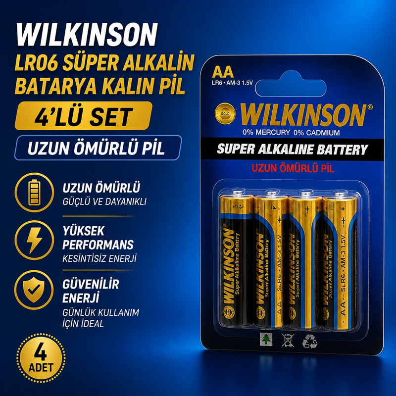 Wilkinson LR06 Süper Alkalin Batarya Kalın Pil 4'Lü Set (Uzun Ömürlü Pil) Wilkinson LR06 Süper Alkalin Batarya Kalın Pil 4'Lü Set (Uzun Ömürlü Pil)