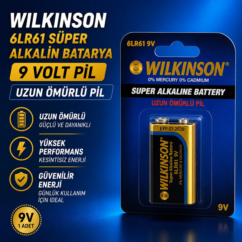 Wilkinson 6LR61 Süper Alkalin Batarya 9 Volt Pil (Uzun Ömürlü Pil)