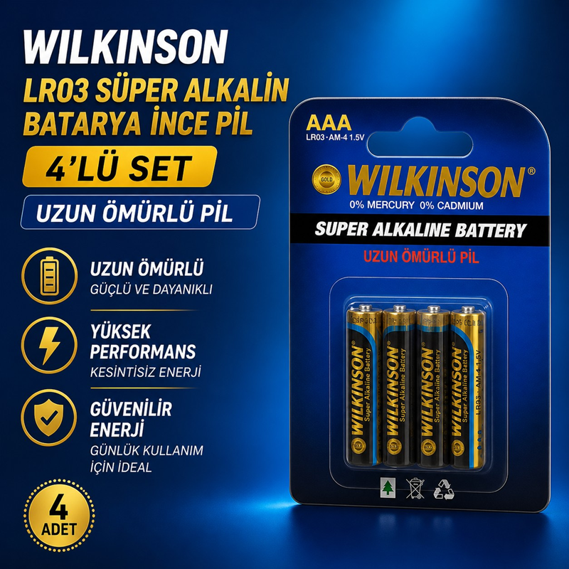 Wilkinson LR03 Süper Alkalin Batarya İnce Pil 4'Lü Set (Uzun Ömürlü Pil) Wilkinson LR03 Süper Alkalin Batarya İnce Pil 4'Lü Set (Uzun Ömürlü Pil)