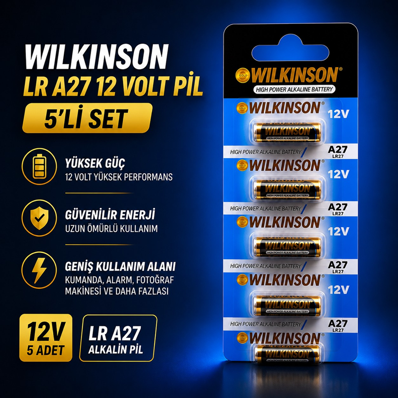 Wilkinson LR A27 Süper Alkalin Batarya 12 Volt Pil 5'Li (Uzun Ömürlü Pil) Wilkinson LR A27 Süper Alkalin Batarya 12 Volt Pil 5'Li (Uzun Ömürlü Pil)