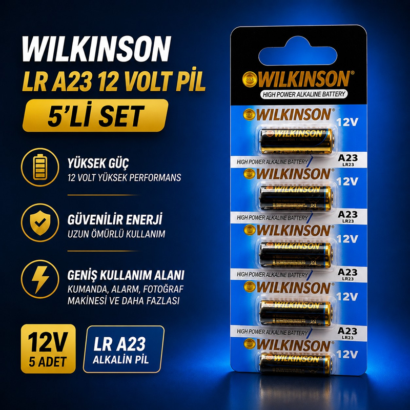 Wilkinson LR A23 Süper Alkalin Batarya 12 Volt Pil 5'Li (Uzun Ömürlü Pil) Wilkinson LR A23 Süper Alkalin Batarya 12 Volt Pil 5'Li (Uzun Ömürlü Pil)