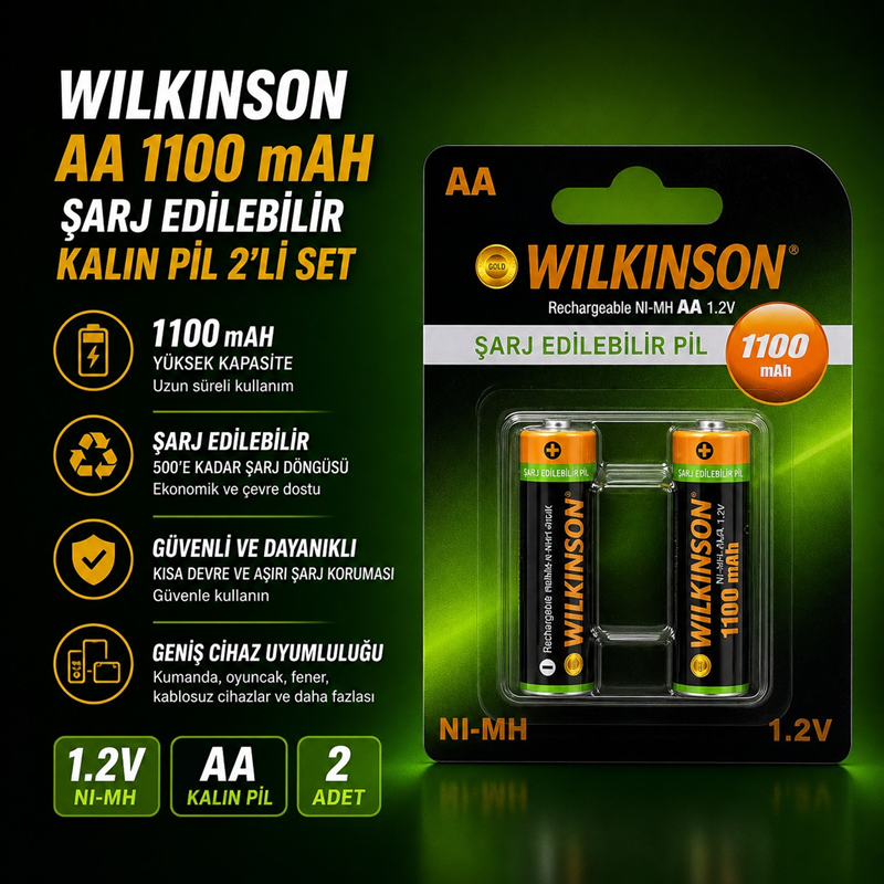 Wilkinson AA 1100 mAH Şarj Edilebilir Kalın Pil 2'Li Set