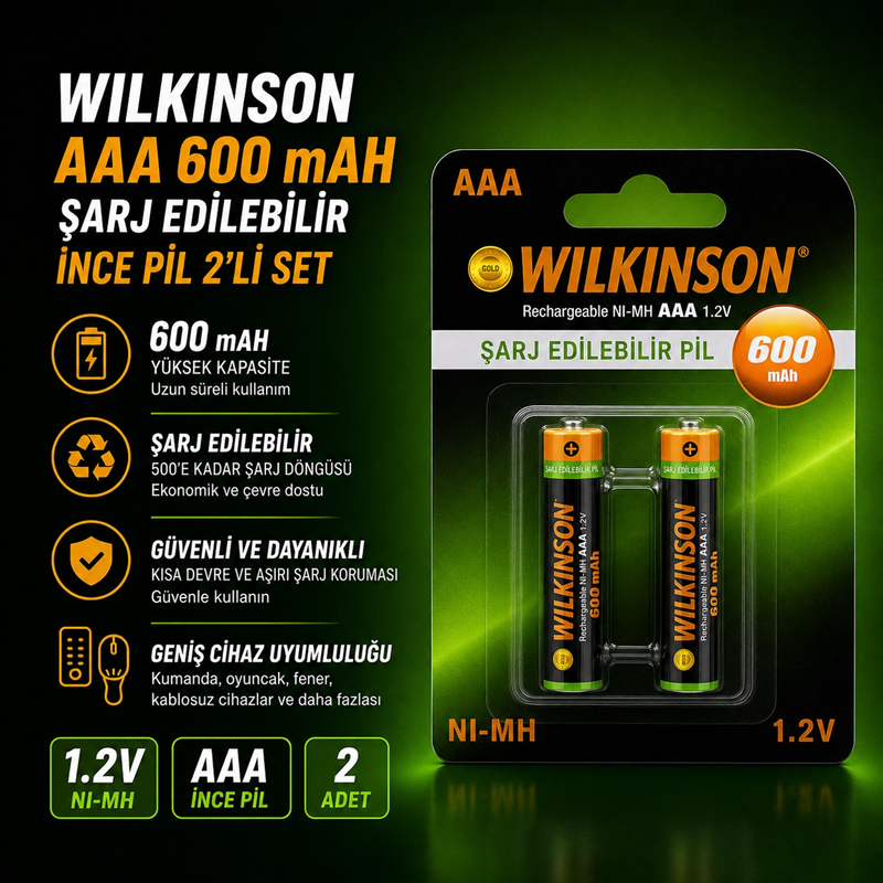 Wilkinson AAA 600 mAH Şarj Edilebilir İnce Pil 2'Li Set Wilkinson AAA 600 mAH Şarj Edilebilir İnce Pil 2'Li Set