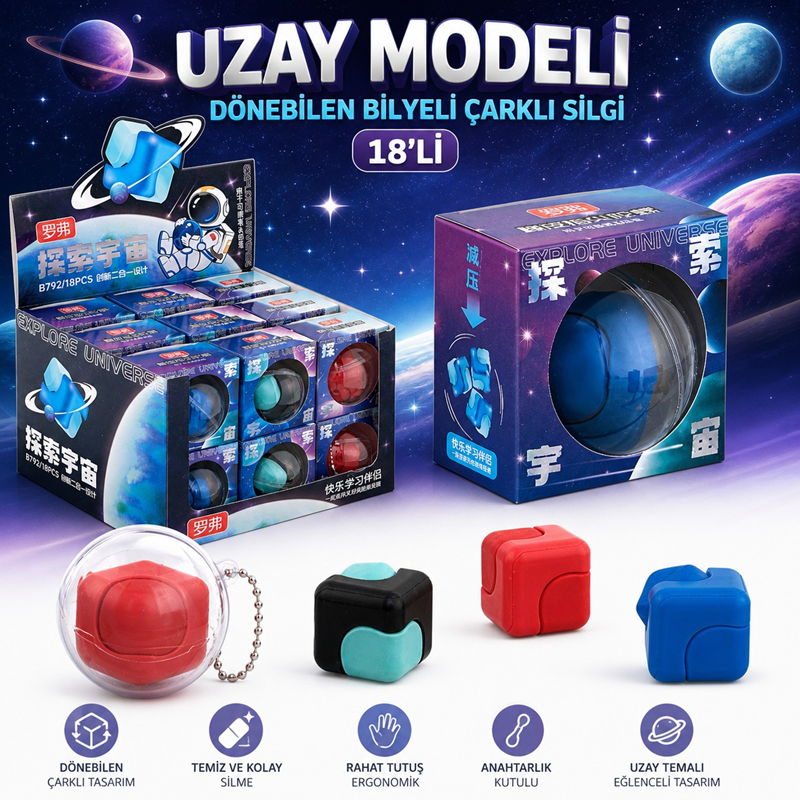 Uzay Modeli Dönebilen Bilyeli Çarklı Silgi 18'Li Paket