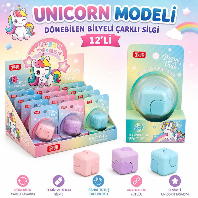 Unicorn Modeli Dönebilen Bilyeli Çarklı Pastel Renkler Silgi 12'Li Paket
