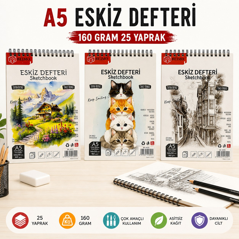 A5 Telli Eskiz Defteri 160 Gr 25 Sayfa 148*210 Mm %100 Pamuk Sayfa