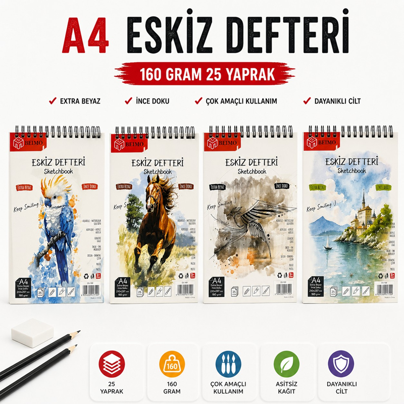 A4 Telli Eskiz Defteri 160 Gr 25 Sayfa 210*297 Mm %100 Pamuk Sayfa