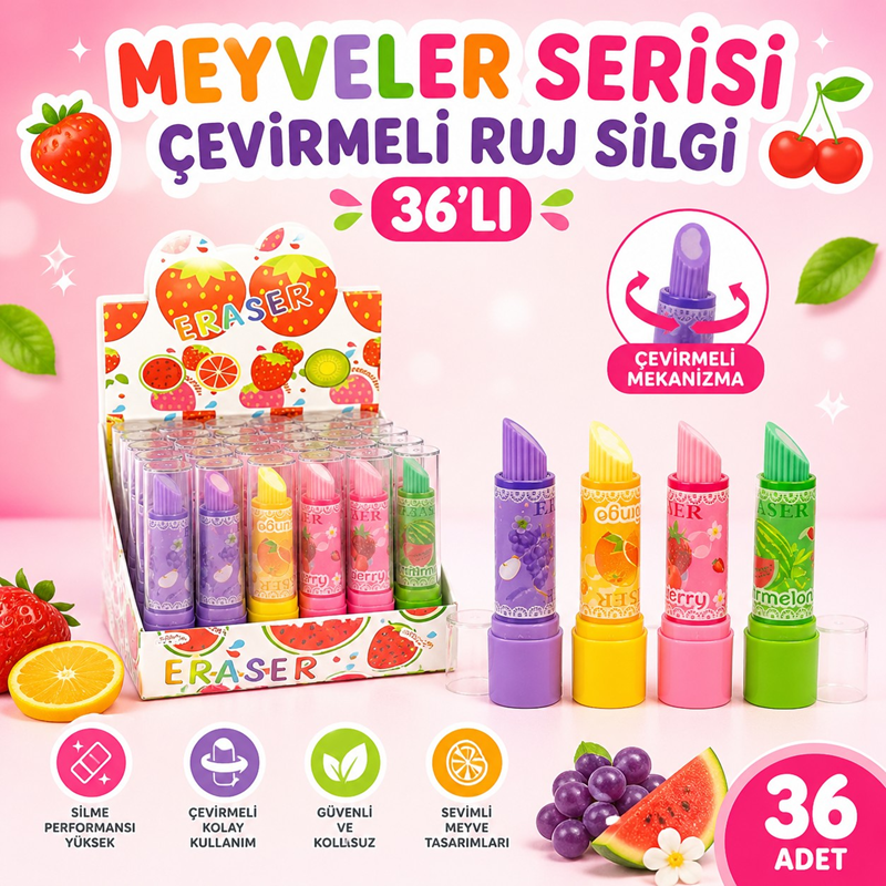 Ruj Silgi Çevirmeli Meyveler Serisi 36'Lı Paket