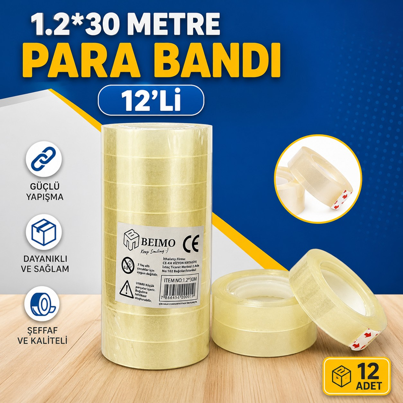 1.2*30 Metre Para Bandı Şeffaf 12'Li Paket