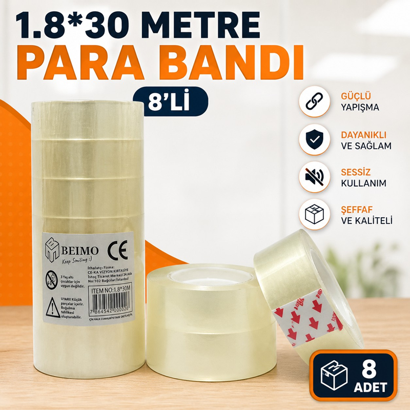 1.8*30 Metre Para Bandı Şeffaf 8'Li Paket