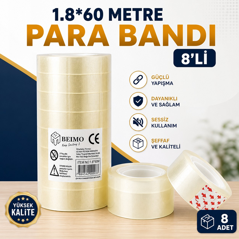 1.8*60 Metre Küçük Geniş Para Bandı Şeffaf 8'Li Paket