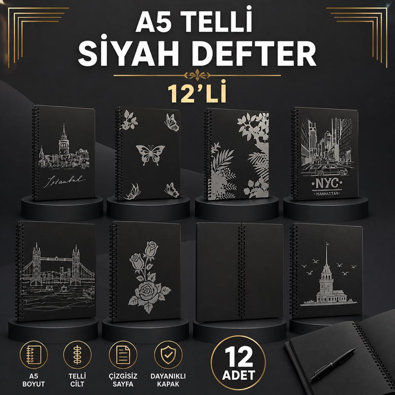 A5 Siyah Spralli Defter 12'Li