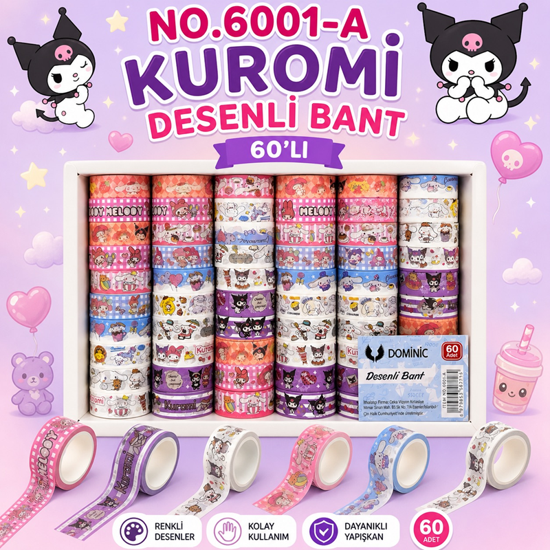 6001-A Kuromi Desenli Kağıt Bant 60'Lı Paket