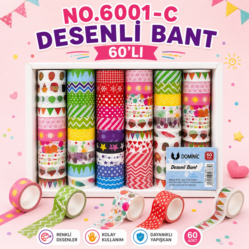 6001-C Desenli Karışık Kağıt Bant 60'Lı Paket
