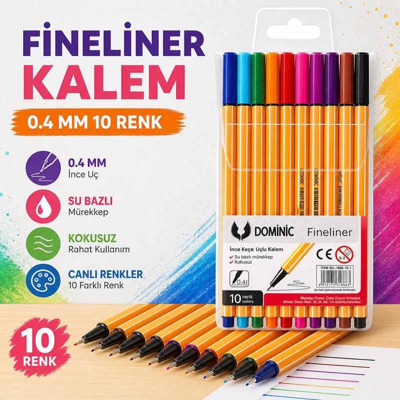 Fineliner Tükenmez Kalem 0.4 Mm 10 Renk Karışık