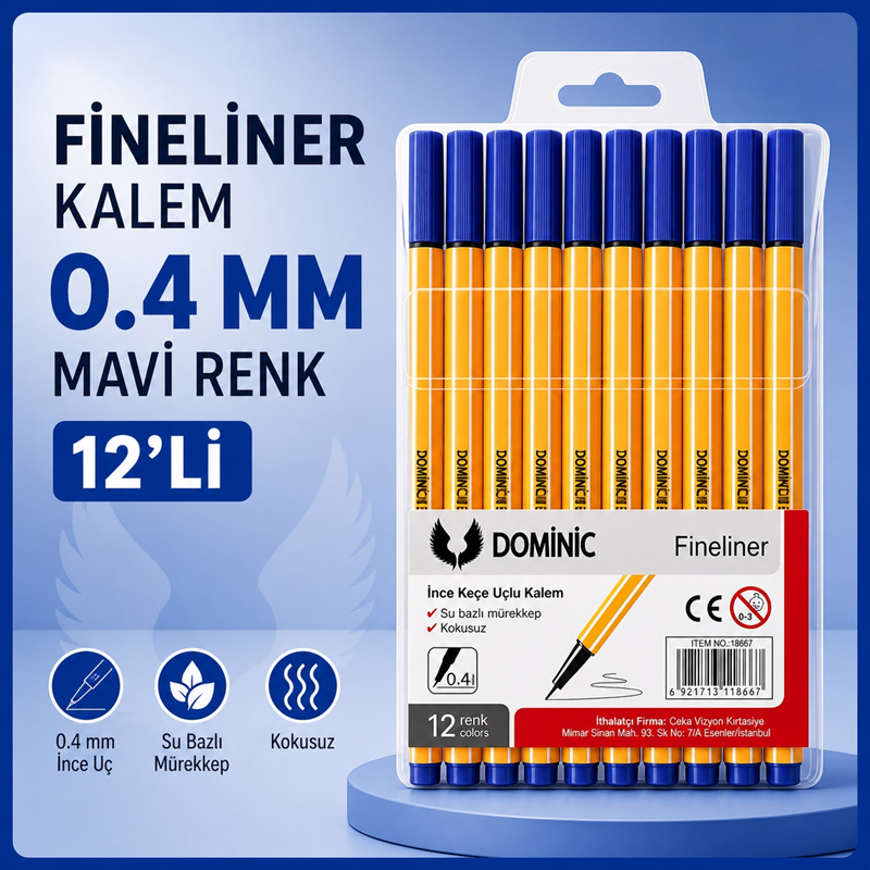 Fineliner Tükenmez Kalem 0.4 Mm Mavi Renk 12'Li